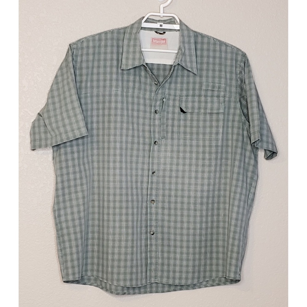 Wrangler Mens Shirt XL Short Sleeve Green Plaid Collared Button Down Pocket